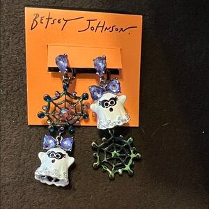 Betsey Johnson Spiderweb & Ghost Drop Earrings With Purple Bows & Rhinestones